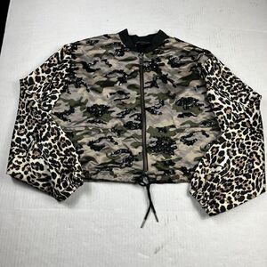 French Connection Cropped Bomber Jacket Mixed Print Full Zip Sequin Bling Size 6